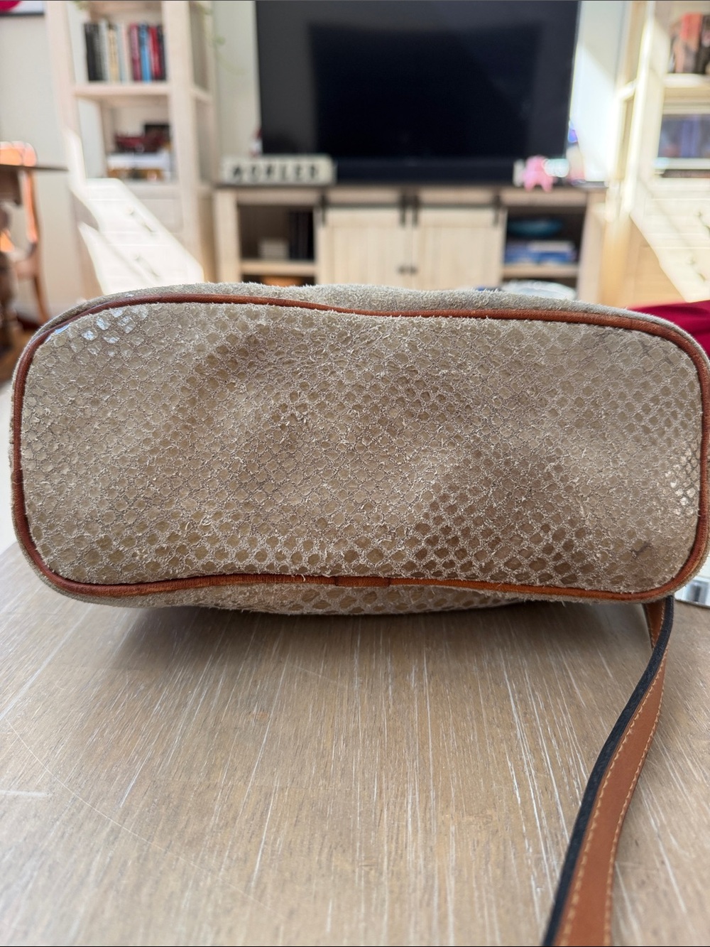 Dooney & Bourke taupe suede snake textured satchel w/British tan leather trim - Picture 4 of 11